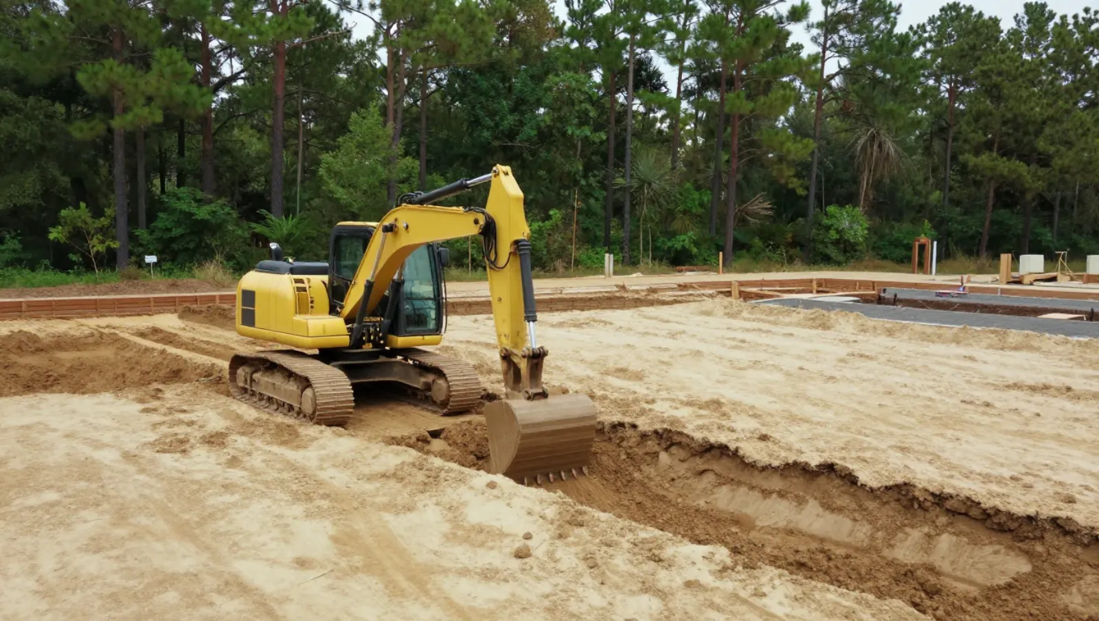 Excavation and site development in Atascocita, Texas — Daniel Dean Land Clearing Yellow excavator digs trench on sandy ground near forested construction site — excavation and site development in Atascocita, Texas