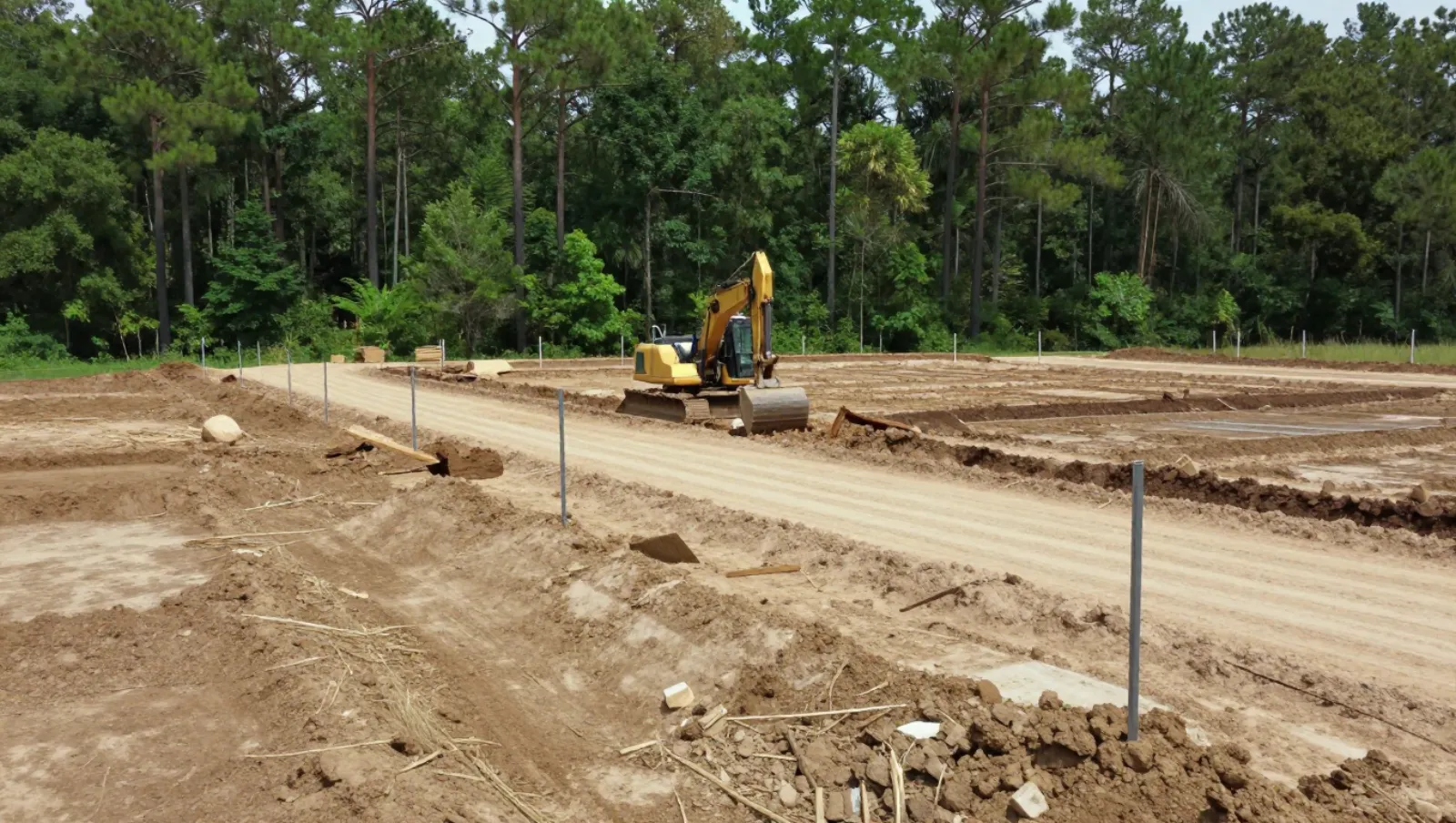 Excavation and site development in Conroe, Texas — work underway Yellow excavator moves dirt on a muddy construction site preparing ground for foundations — excavation and site development in Conroe, Texas