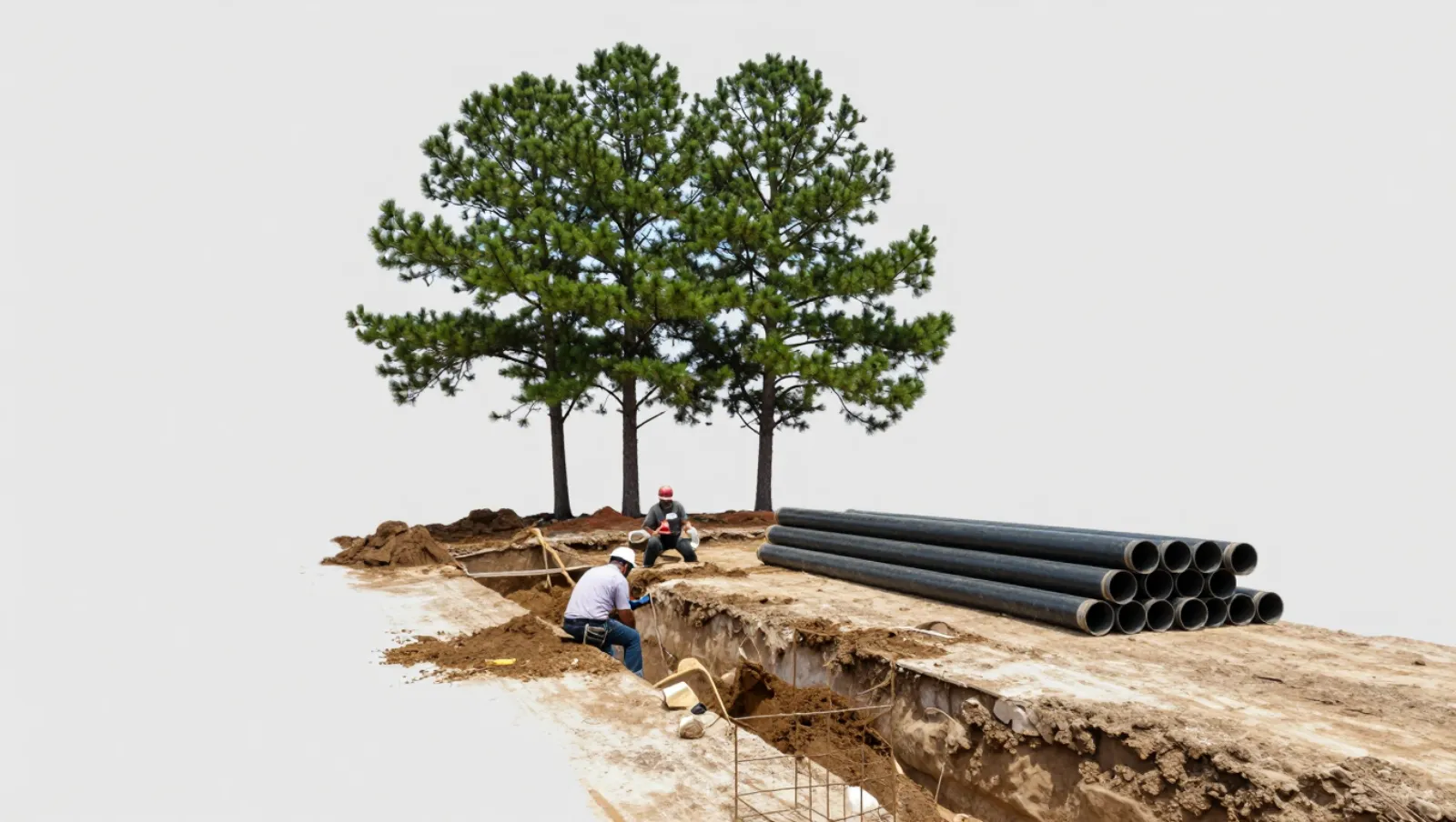 Excavation and site development in Conroe, Texas — Daniel Dean Land Clearing Workers install black pipes in an excavated dirt trench under trees; no machinery present — excavation and site development in Conroe, Texas