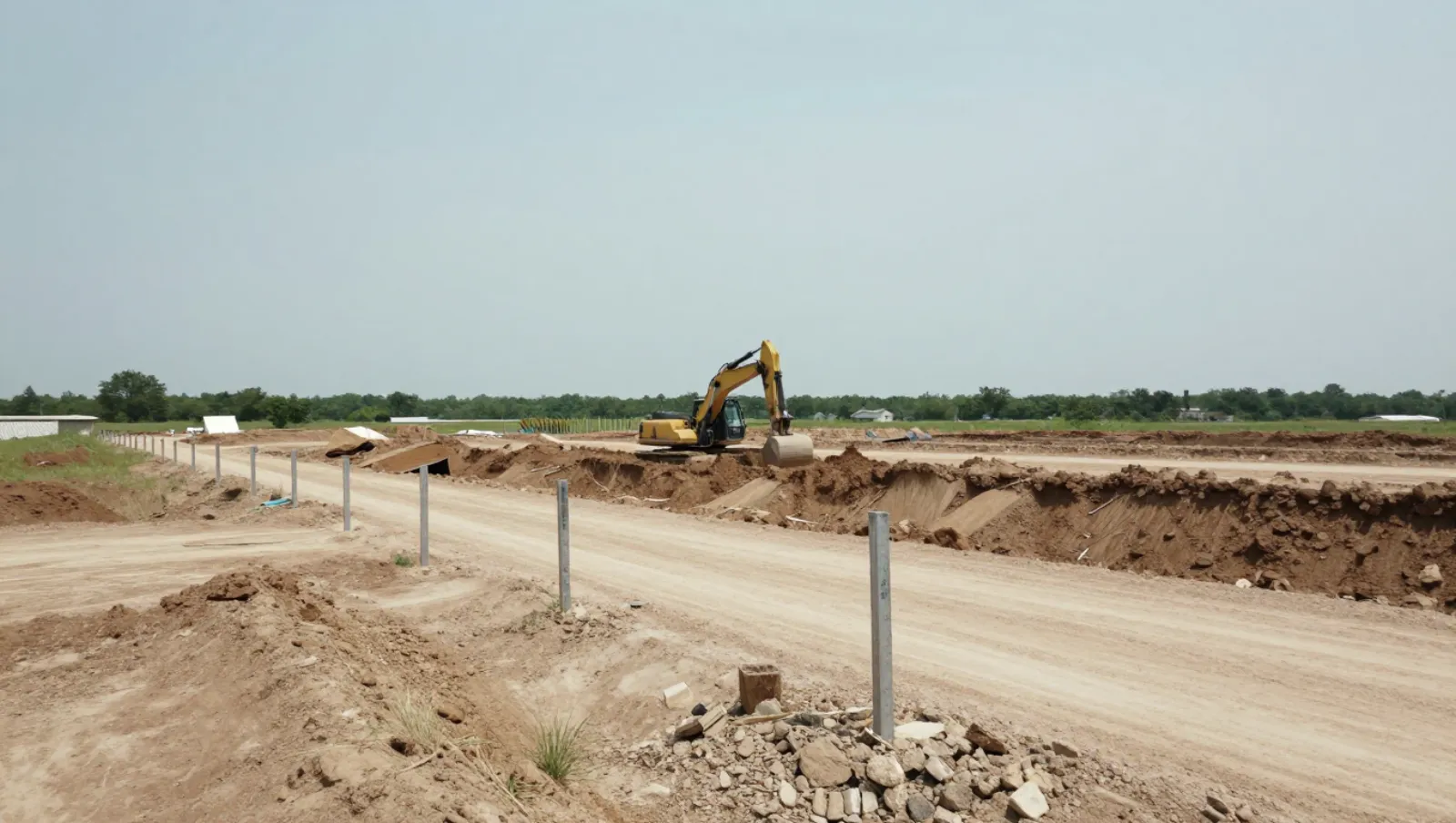 Excavation and site development in Houston, Texas — work underway Yellow excavator digs trenches in a dirt construction area with scattered debris and metal posts — excavation and site development in Houston, Texas