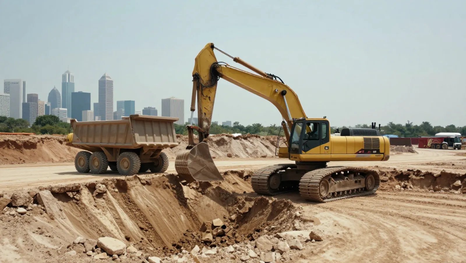 Excavation and site development in Houston, Texas — Daniel Dean Land Clearing Yellow excavator loads soil into a dump truck on a dusty construction site near urban buildings — excavation and site development in Houston, Texas