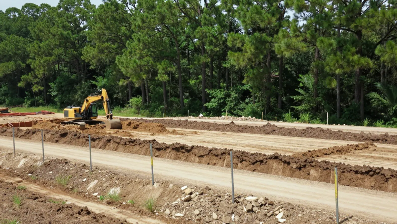Excavation and site development in The Woodlands, Texas — work underway Yellow excavator digs trenches on a dirt construction site with disturbed soil and concrete debris — excavation and site development in The Woodlands, Texas