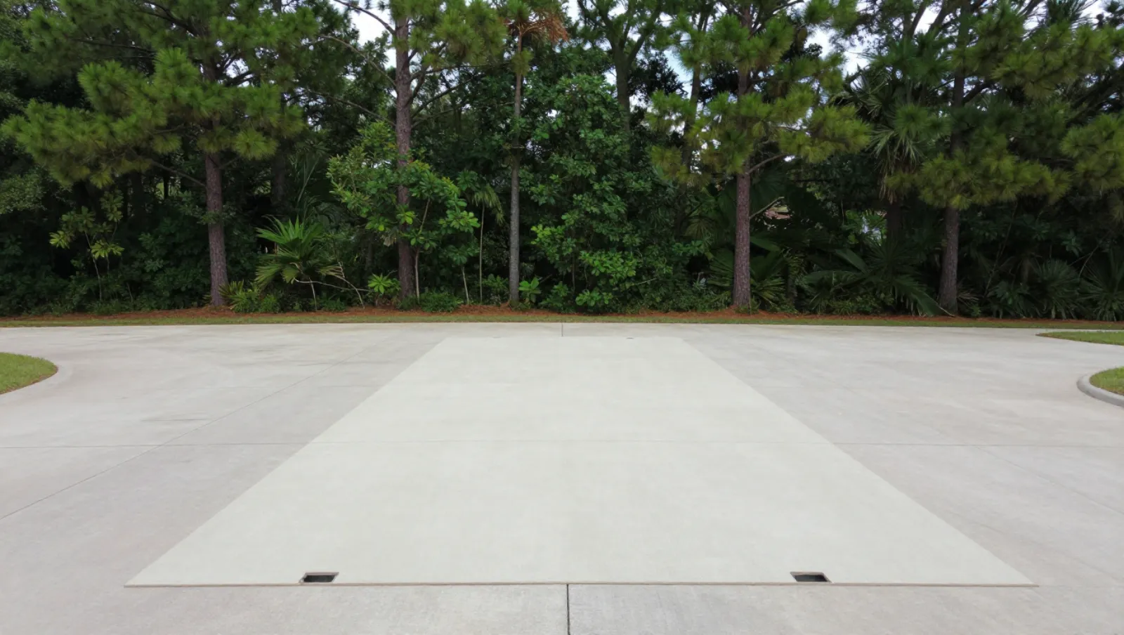 Excavation and site development in The Woodlands, Texas — completed work Concrete plaza borders tree and grass terrain; work involves paving with no visible machinery — excavation and site development in The Woodlands, Texas