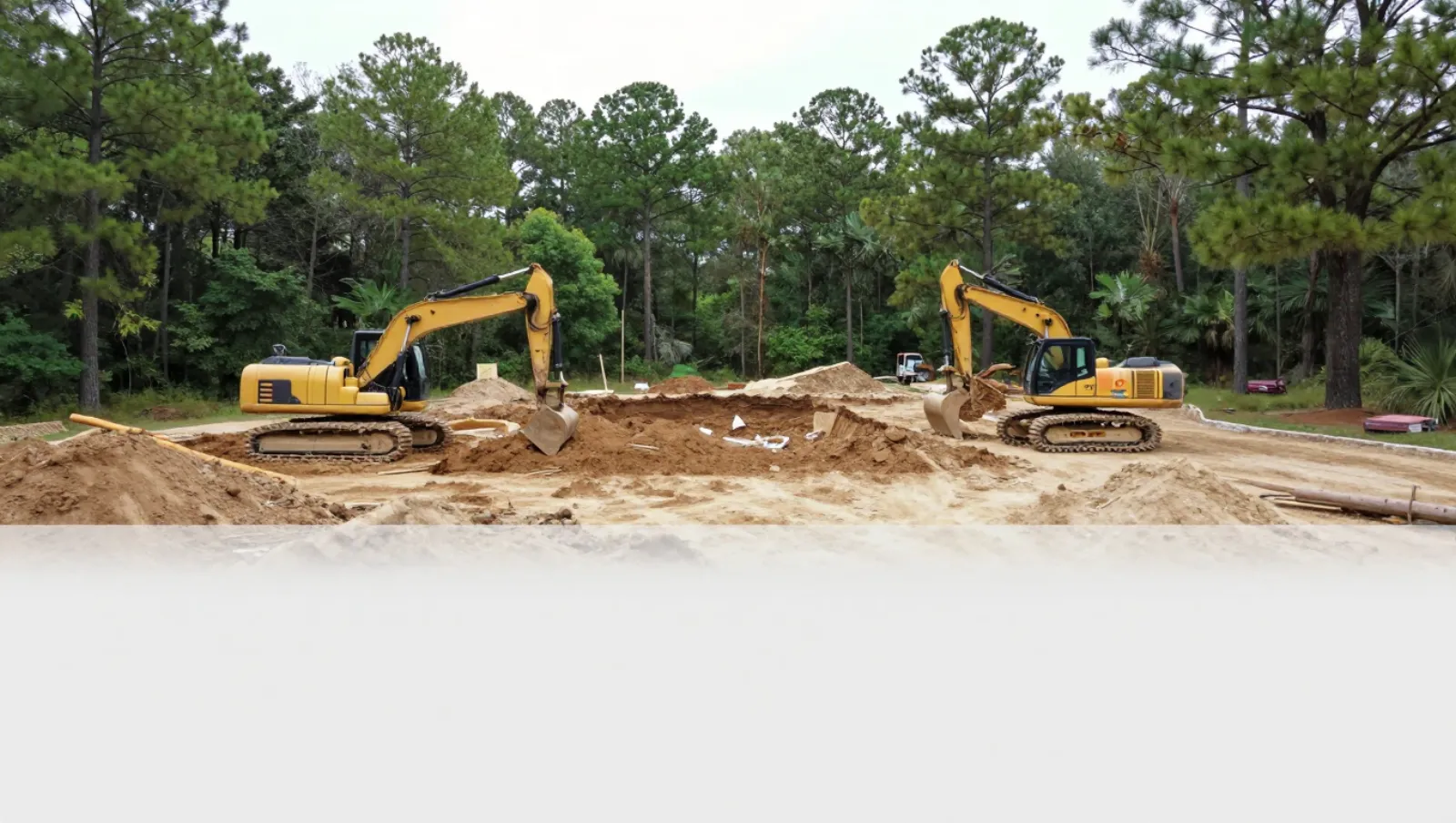 Excavation and site development in The Woodlands, Texas — Daniel Dean Land Clearing Two yellow excavators move soil on a muddy dirt construction site — excavation and site development in The Woodlands, Texas