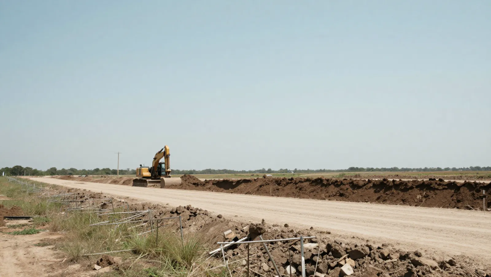 Excavation and site development in Tomball, Texas — work underway Excavator digs trenches on a dusty construction site with loose dirt and cleared earth areas — excavation and site development in Tomball, Texas