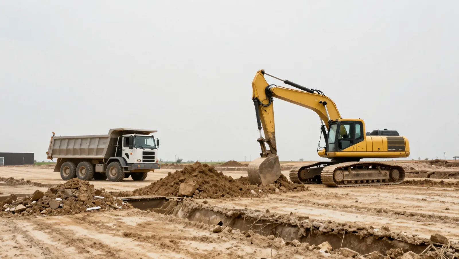 Excavation and site development in Tomball, Texas — Daniel Dean Land Clearing Yellow excavator digs soil near a dump truck on a muddy construction site — excavation and site development in Tomball, Texas