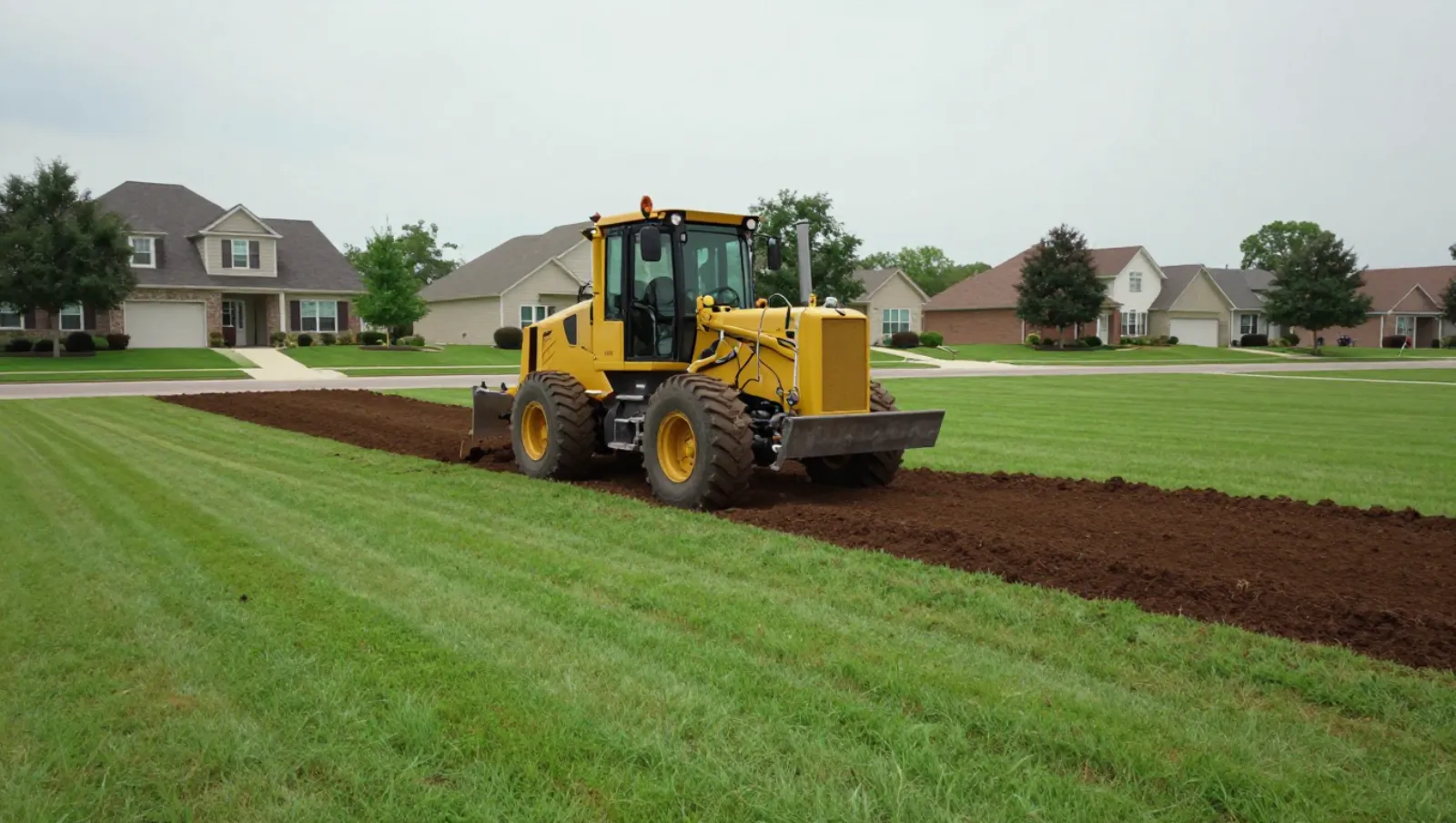 Land grading in Houston, Texas — Daniel Dean Land Clearing Yellow front-end loader tills soil on a grassy lawn near residential homes — land leveling in Houston, Texas
