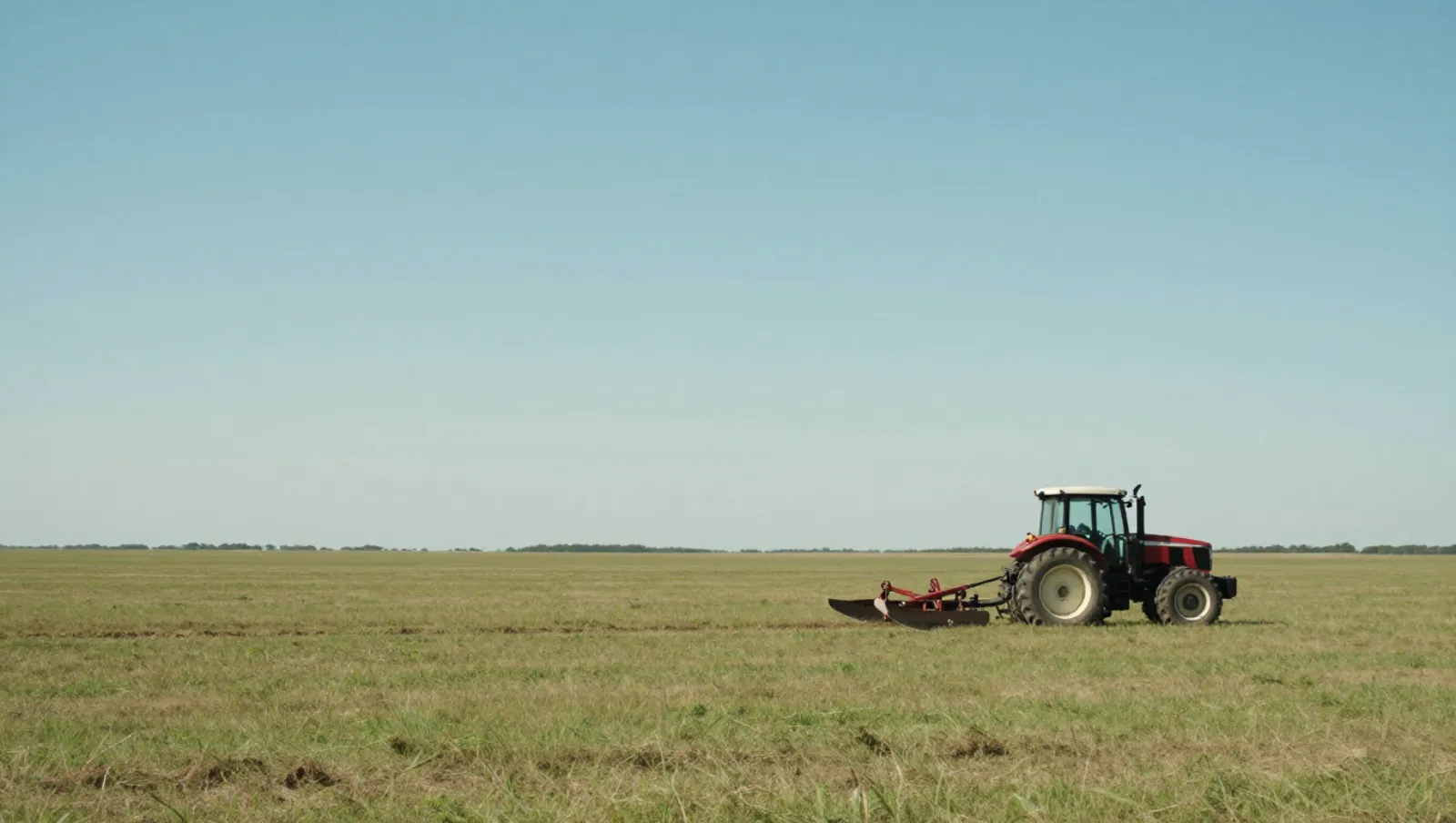 Land leveling in Sealy, Texas — Daniel Dean Land Clearing Red tractor pulls plow across open grassy field — land leveling in Sealy, Texas