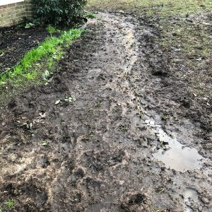 Muddy pathway created by dog traffic due to poor drainage